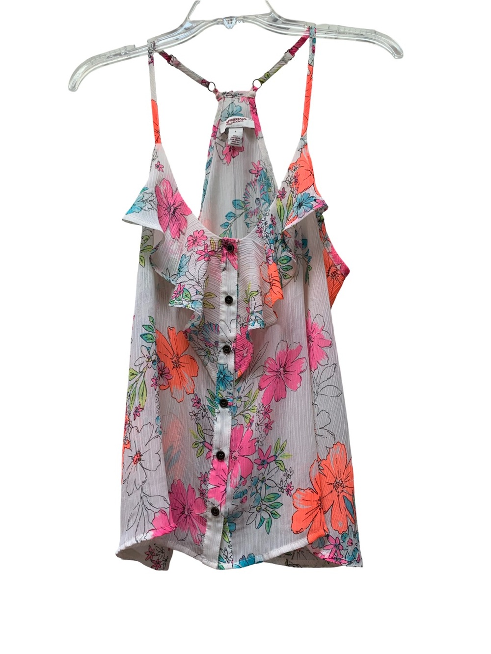 Arizona Jean Company Beige Floral Ruffle Button Tank with Pink & Orange Flowe